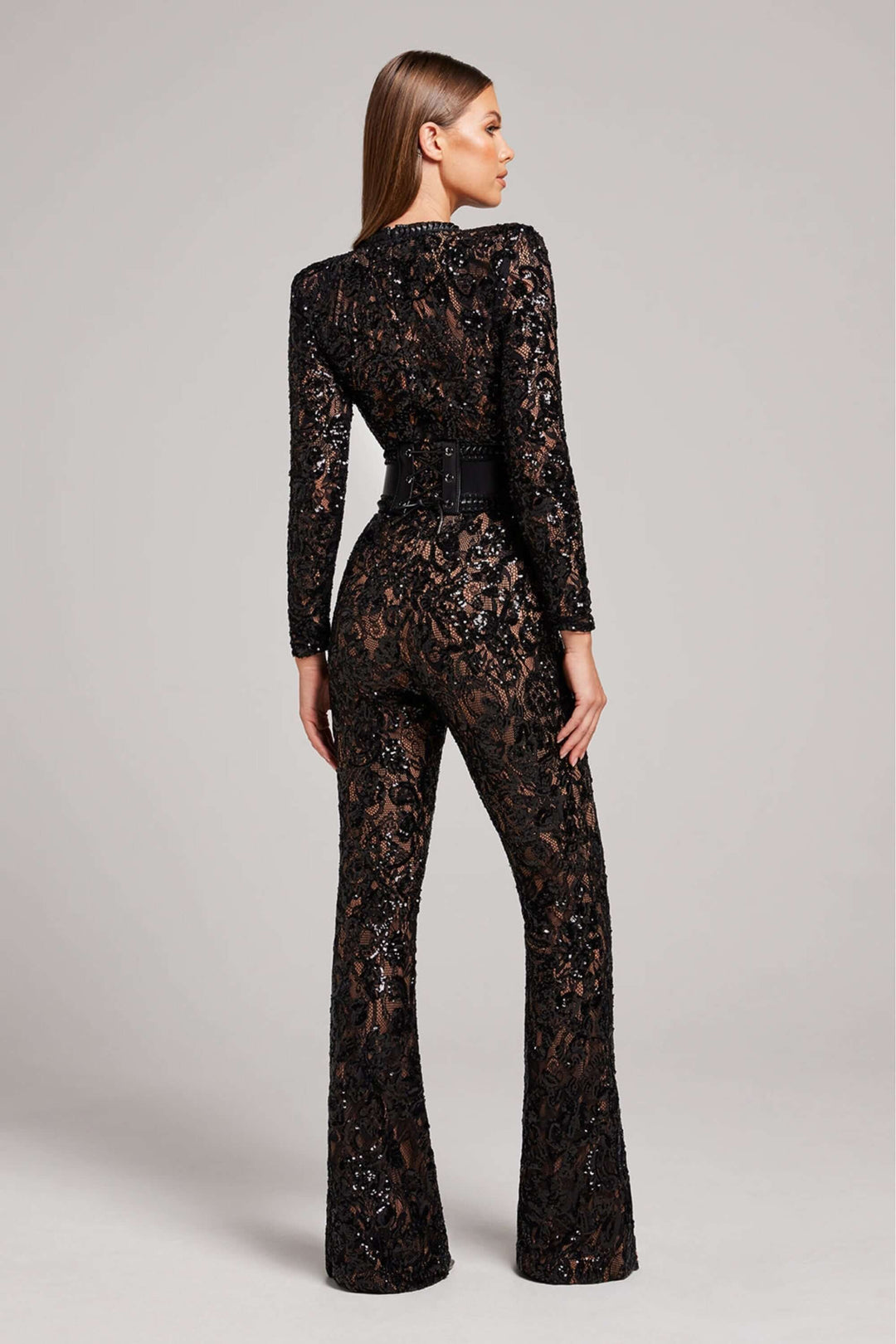 Sequin Lace Jumpsuit: Elegant Long Sleeve Fitted Jumpsuit