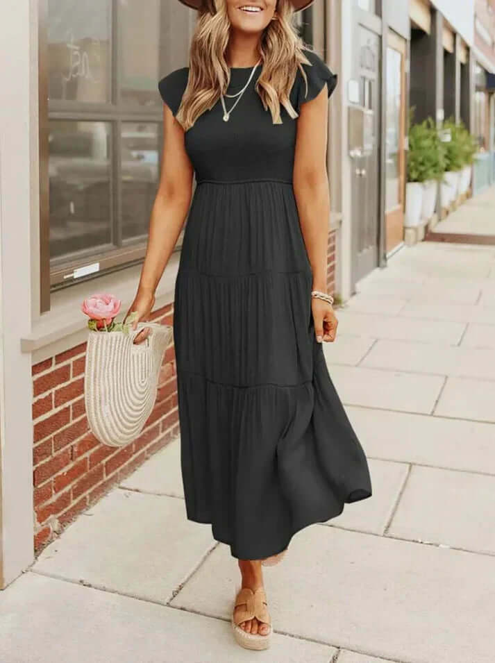 Elegant Pleated A-Line Midi Dress with Flying Sleeves