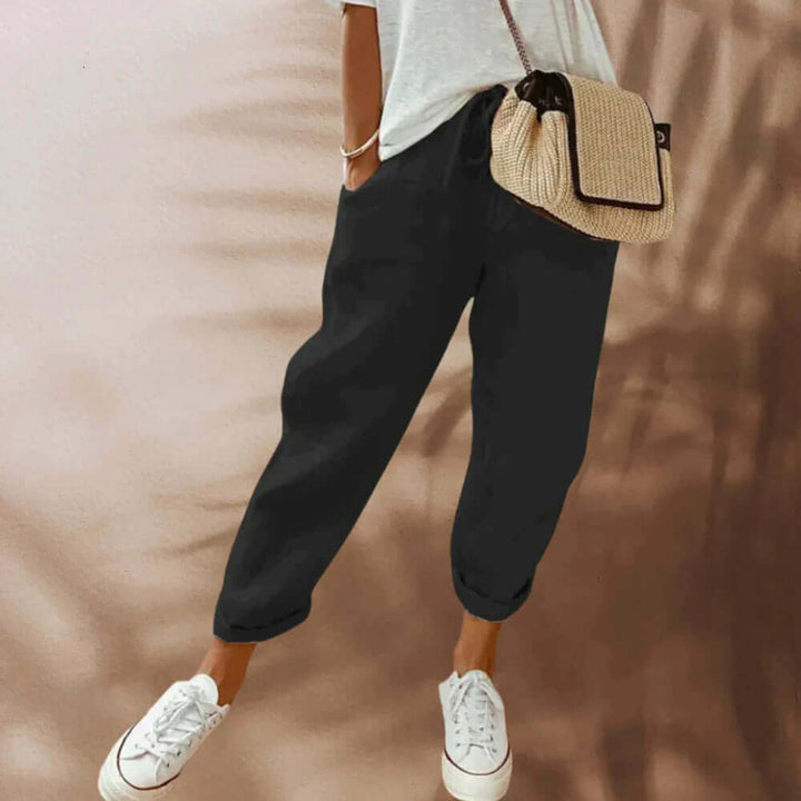 Women's Long Pants with Diagonal Pockets & Tie Belt