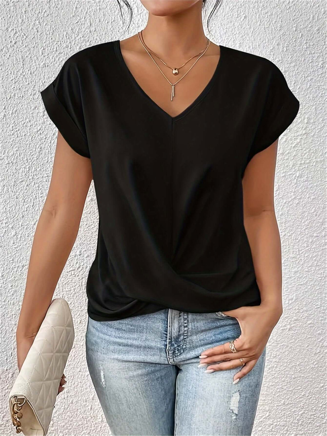 Women's V-Neck Draped Front Blouse: Relaxed Fit Top