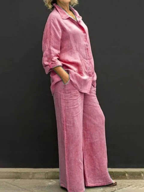 Women's Relaxed Fit Two-Piece Outfit: Shirt & Wide Leg Trousers