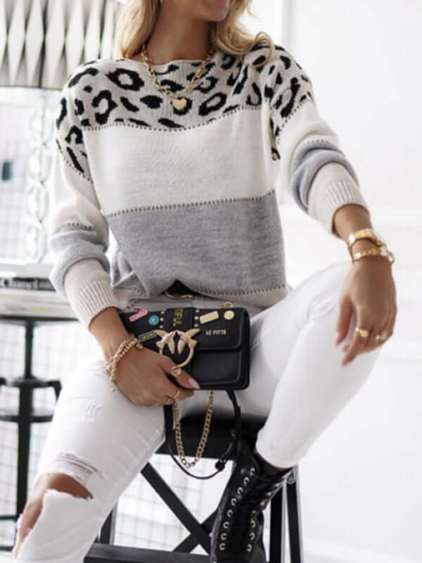 Women's Leopard Print Knitted Sweater: Striped Casual Pullover