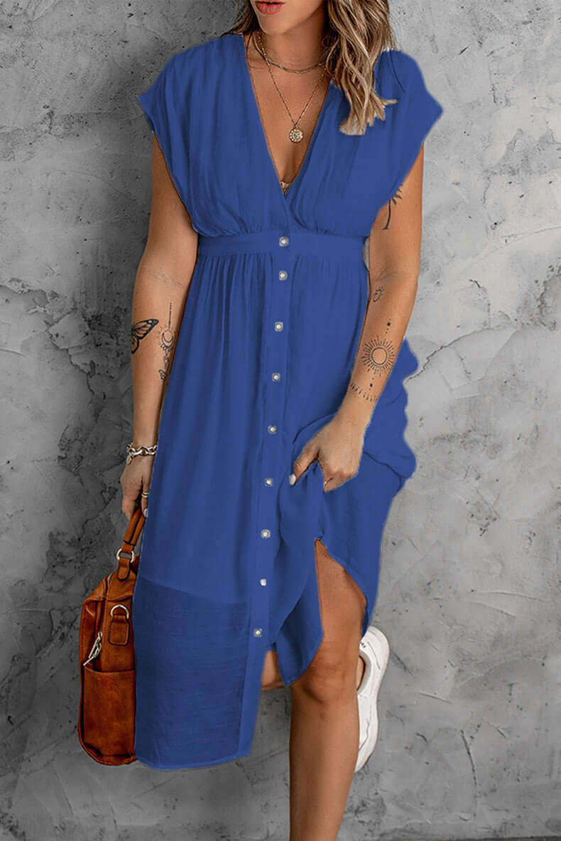 Elegant Deep V-Neck Sleeved Dress