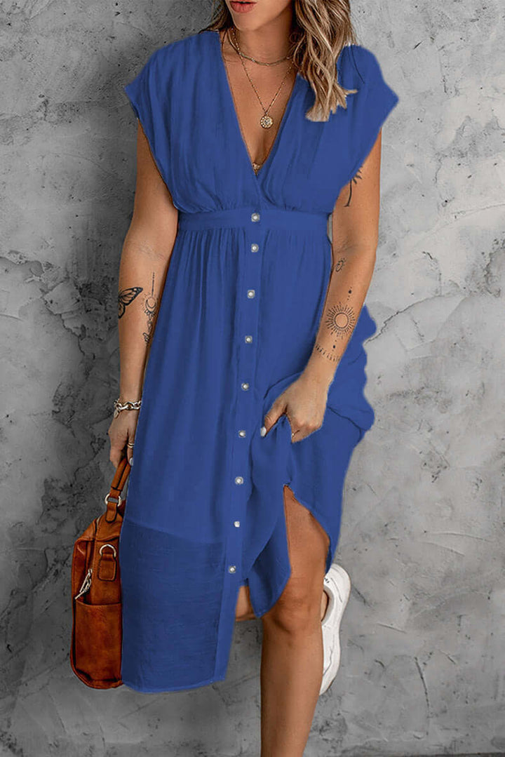 Elegant Deep V-Neck Sleeved Dress