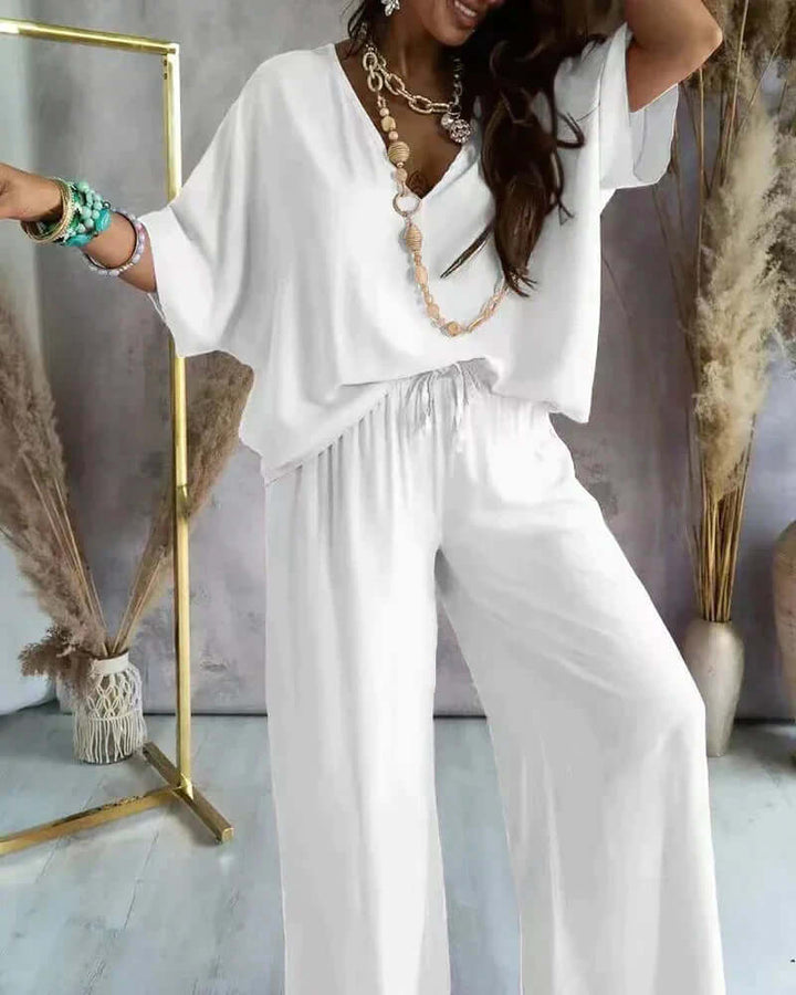 Women's Relaxed Fit Loungewear Set: V-Neck Top & Wide Leg Pants