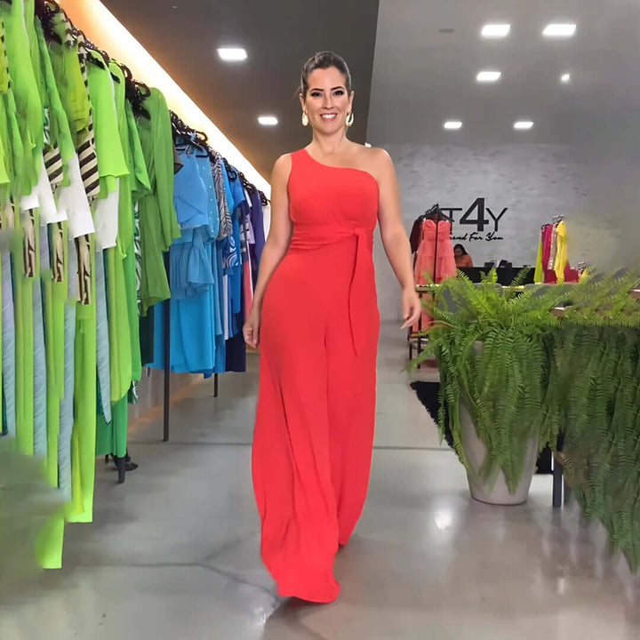 Women's One-Shoulder Wide-Leg Jumpsuit with Waist Tie
