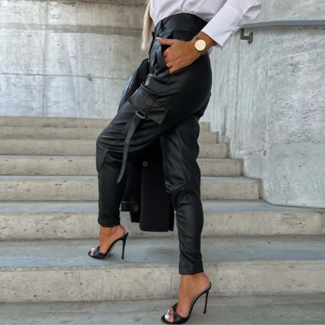 Women's High-Waisted Faux Leather Pants: Tapered Fit Cargo Trousers