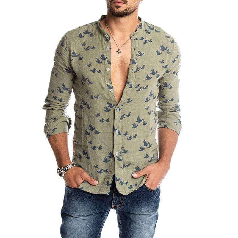 Men's Casual Long-Sleeve Shirt: Bird Print Mandarin Collar