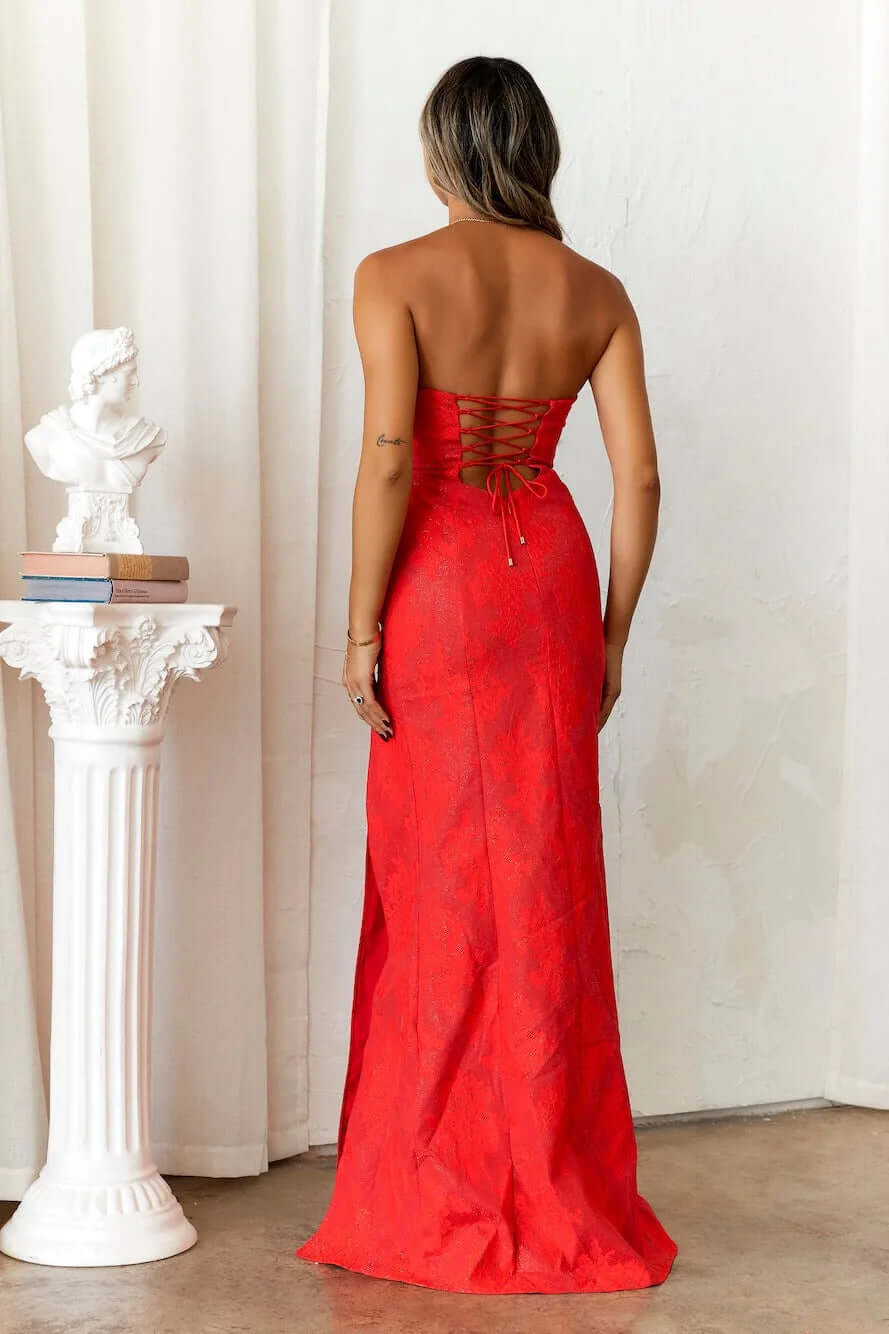 Strapless Evening Gown: Corset Bodice & High Slit