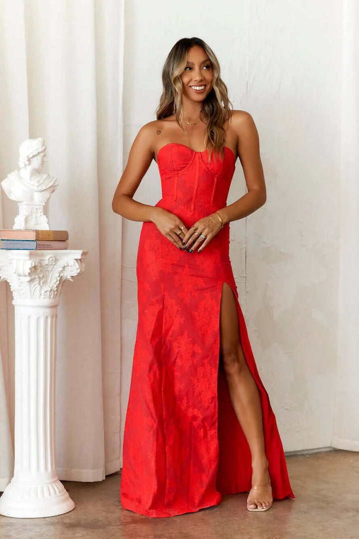 Strapless Evening Gown: Corset Bodice & High Slit