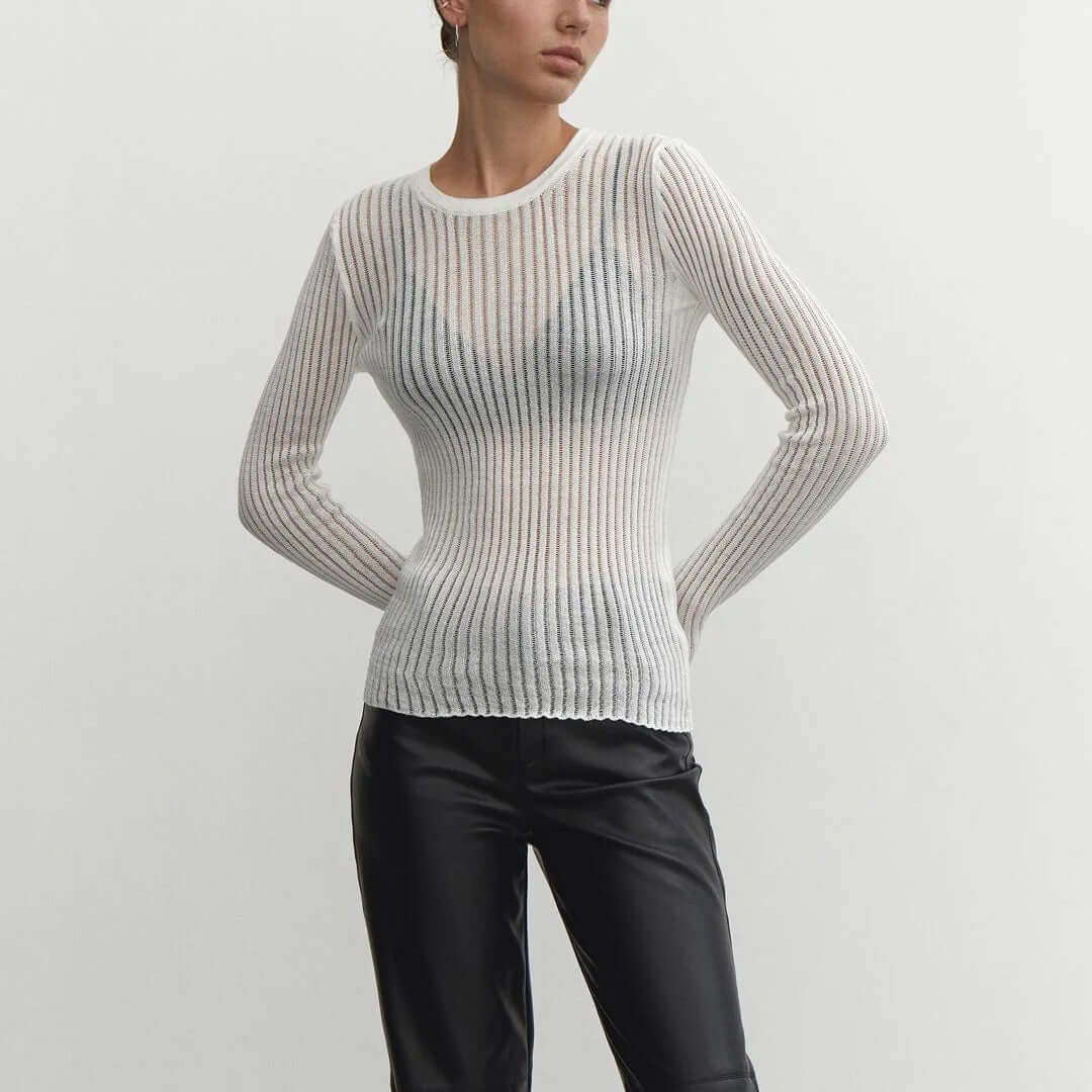 Women's Mesh Long Sleeve Ribbed Top