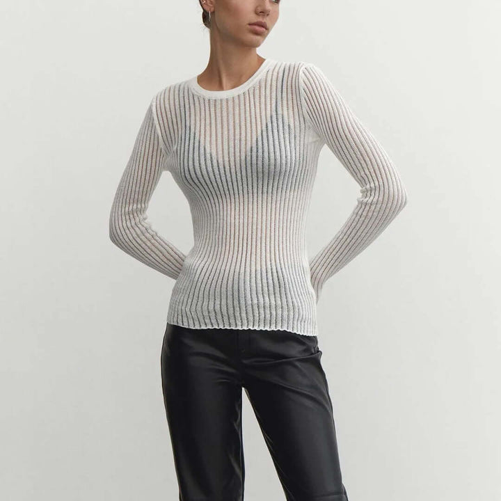 Women's Mesh Long Sleeve Ribbed Top