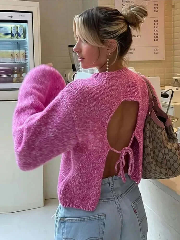 Women's Long Sleeve Cut-Out Back Crop Top