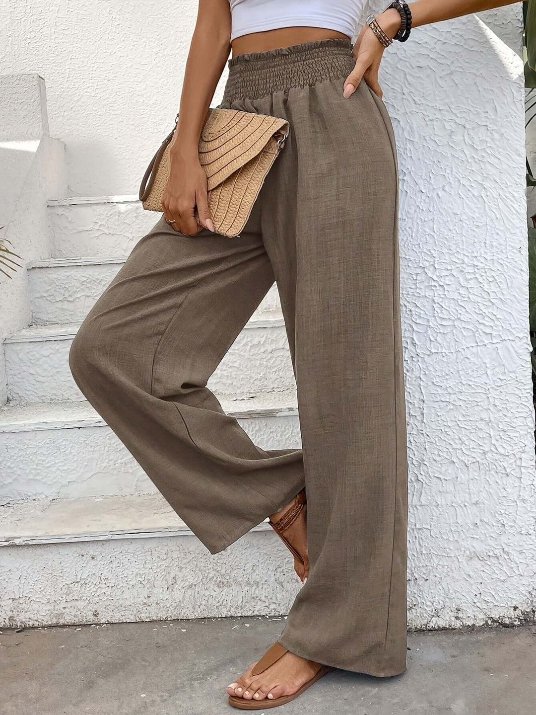 Women's High-Waisted Wide Leg Smocked Pants