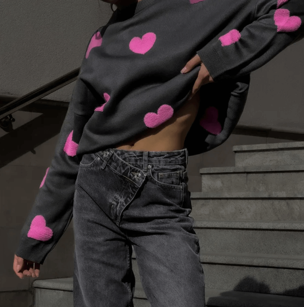 Women's Heart Print Loose Fit Sweater