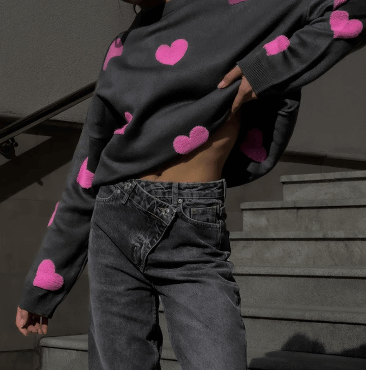 Women's Heart Print Loose Fit Sweater