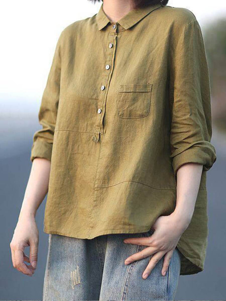 Women's Cotton Linen Long Sleeve Shirt - Relaxed Fit Lapel Neck Top