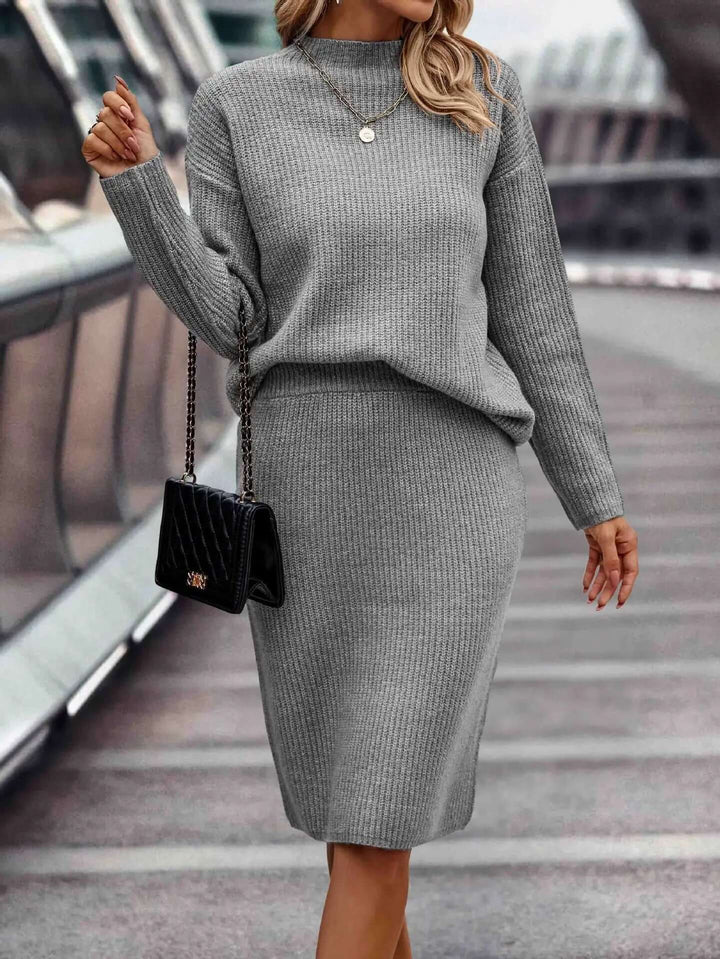 Women's Knitted Sweater & Skirt Set: High Neck, Long Sleeve, Fitted