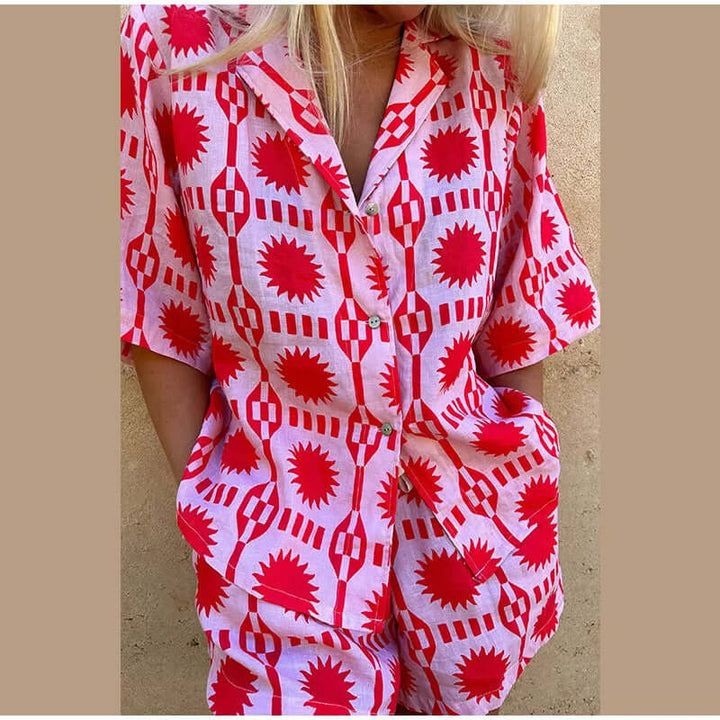Women's Geometric Print Co-ord Set: Relaxed Fit Shirt & Shorts