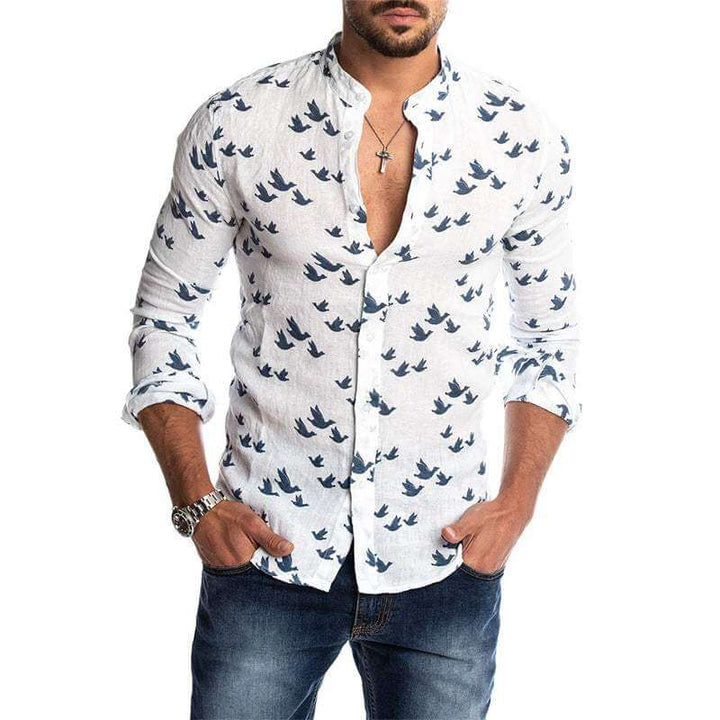Men's Casual Long-Sleeve Shirt: Bird Print Mandarin Collar