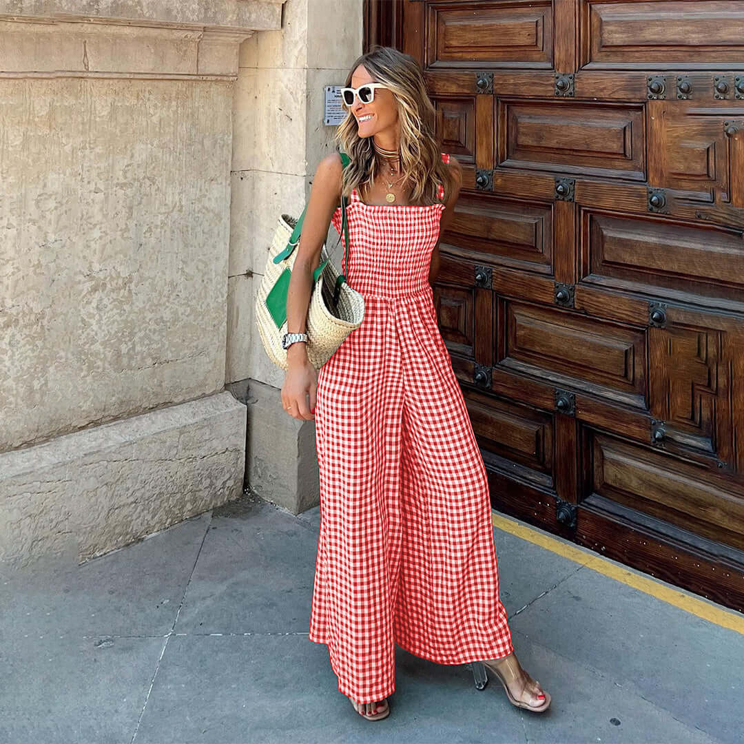 Women's Wide Leg Gingham Jumpsuit with Smocked Top