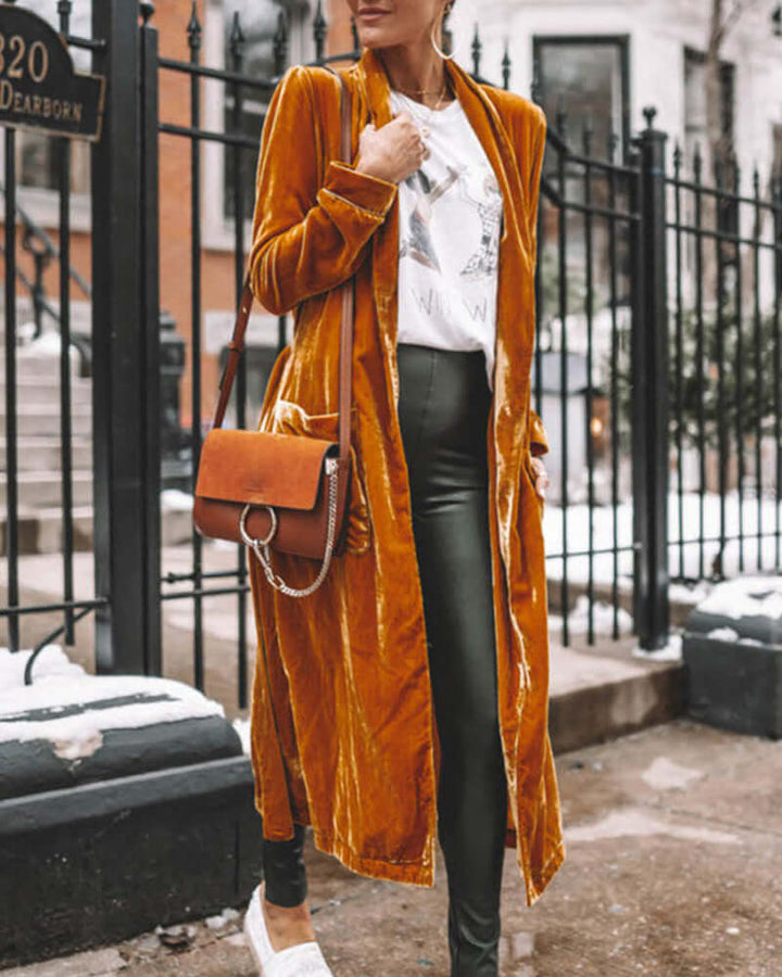 Women's Long Velvet Duster Cardigan - Relaxed Fit, Open Front