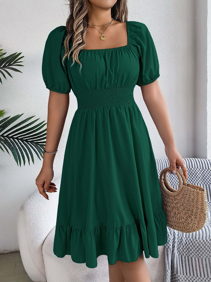 Women's Puff Sleeve Midi Dress with Smocked Bodice
