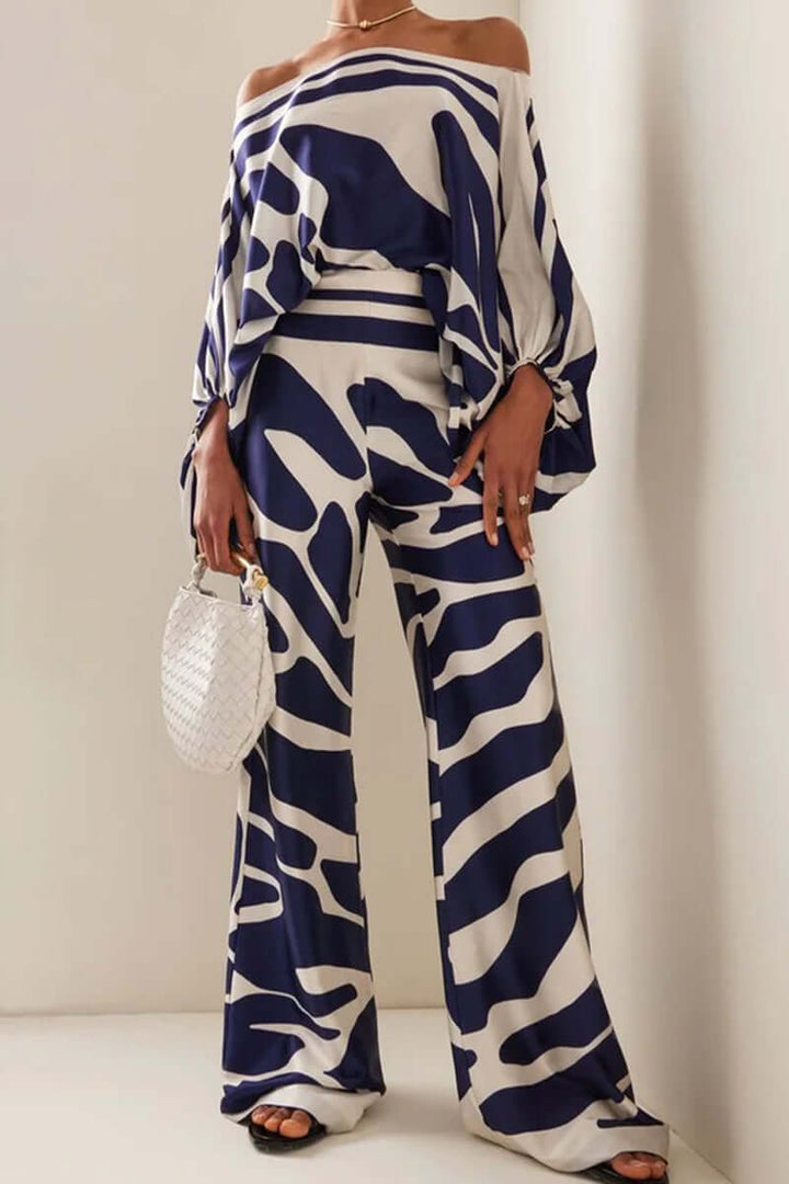 Women's Elegant Printed Off-Shoulder Long Sleeve Two-Piece Set