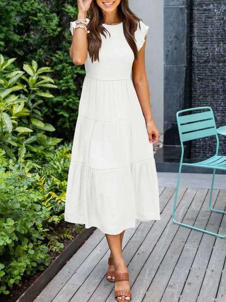 Women's A-Line Midi Dress with Flutter Sleeves