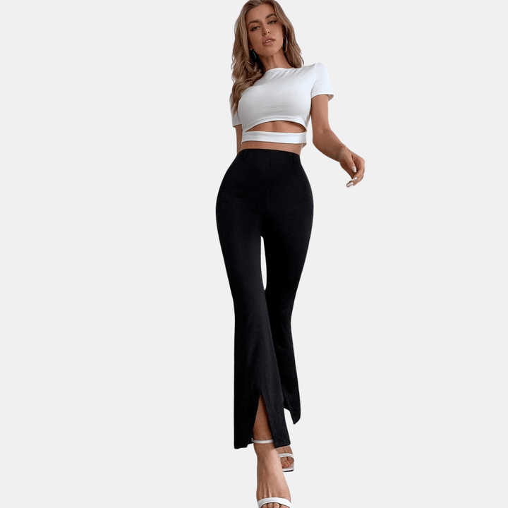 Women's High-Waisted Flare Trousers: Stretch Fabric, Front Slit