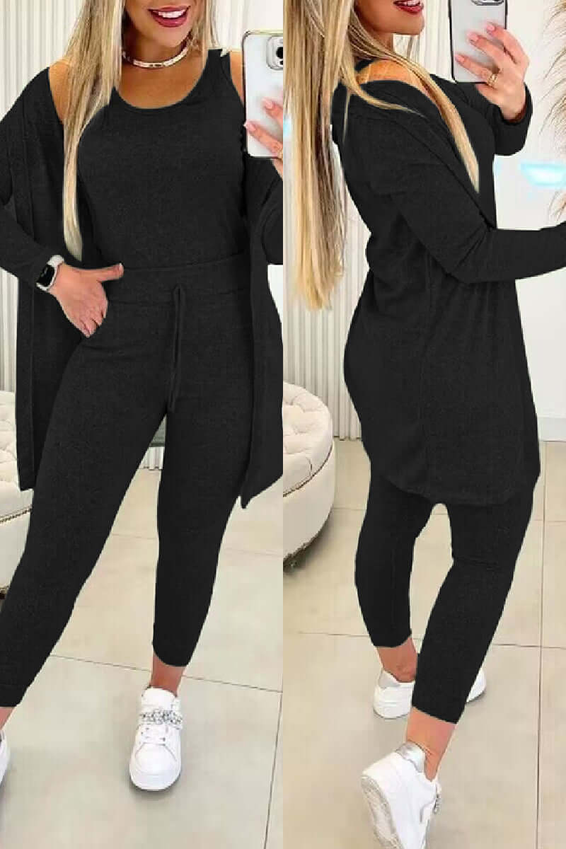Women's 3-Piece O-Neck Top & Drawstring Pants Set