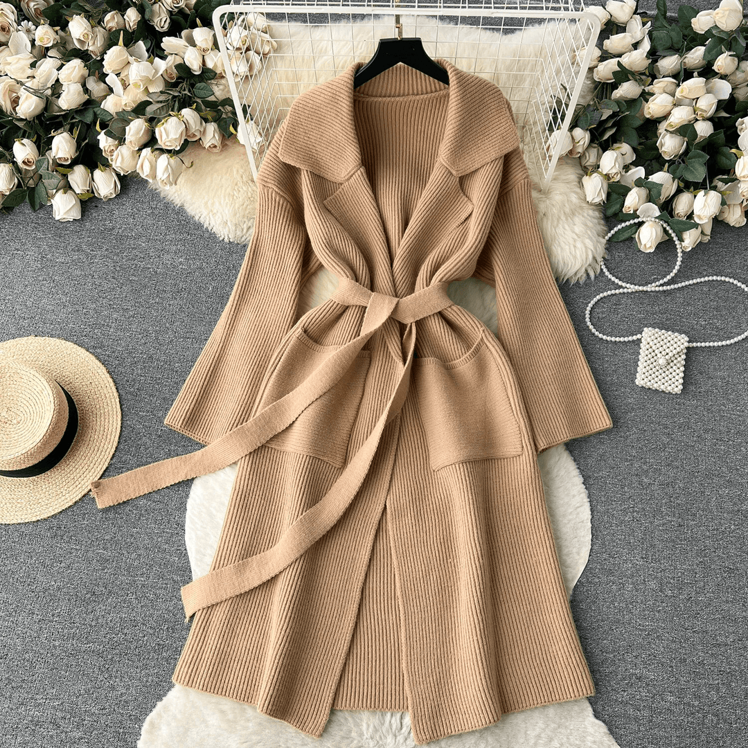 Women's Long Knit Cardigan: Open Front, Shawl Collar, Belted
