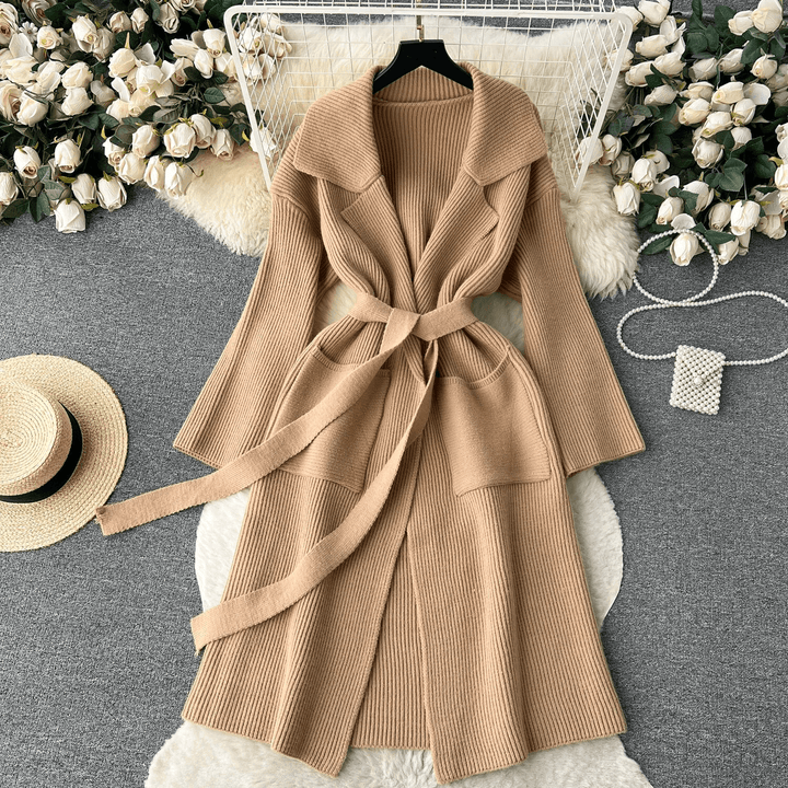 Women's Long Knit Cardigan: Open Front, Shawl Collar, Belted