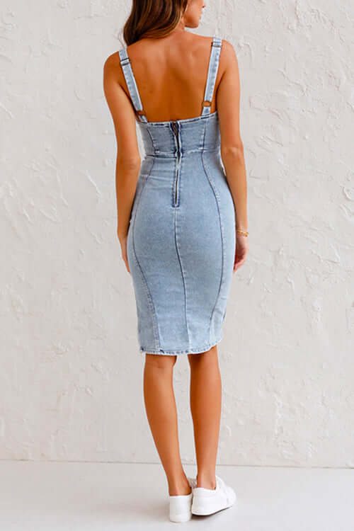 Denim Cami Dress: Slim Fit Stretch Bodycon U-Neck
