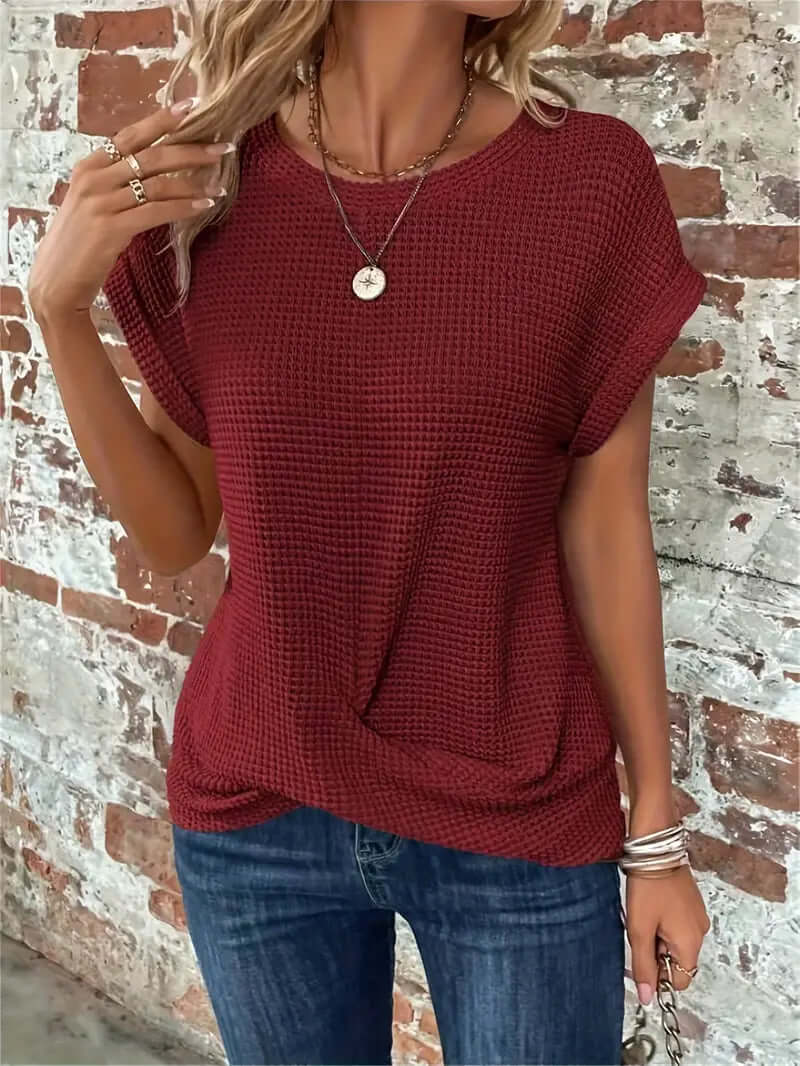 Lightweight Breathable Cotton Blend Top - Casual Round Neck Short Sleeve