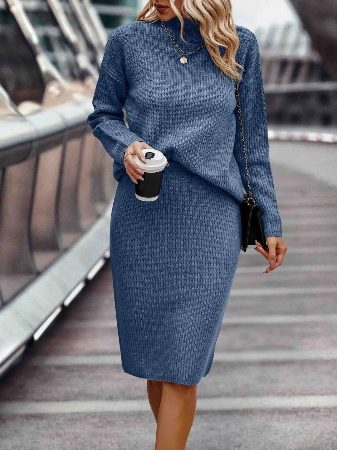 Women's Knitted Sweater & Skirt Set: High Neck, Long Sleeve, Fitted