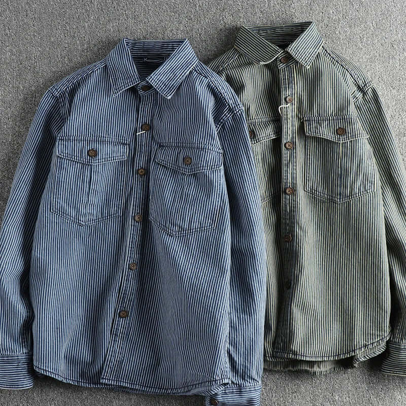 Men's Retro Striped Long-Sleeve Denim Shirt