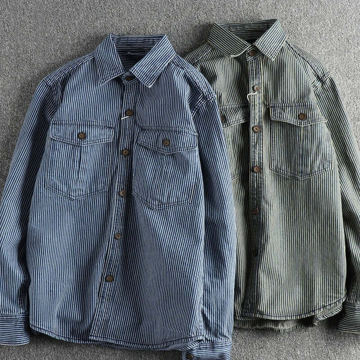 Men's Retro Striped Long-Sleeve Denim Shirt