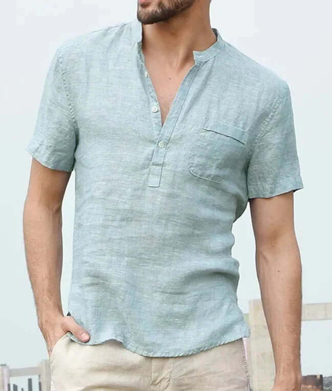 Men's Breathable Linen Shirt: Mandarin Collar, Short Sleeves