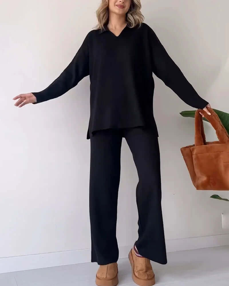 Women's Cozy Knit Loungewear Set: V-Neck Top & Flared Pants