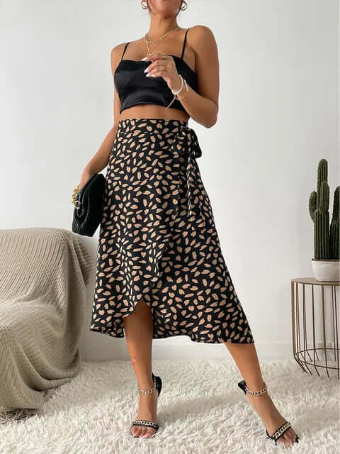 Women's Printed Midi Wrap Skirt with Asymmetrical Hem