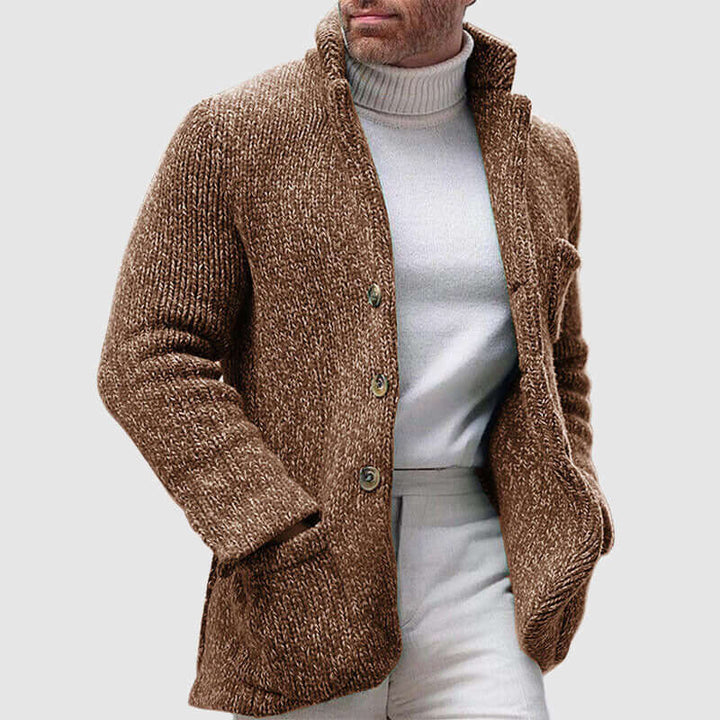 Men's Chunky Knit Cardigan: Stand Collar, Button Front