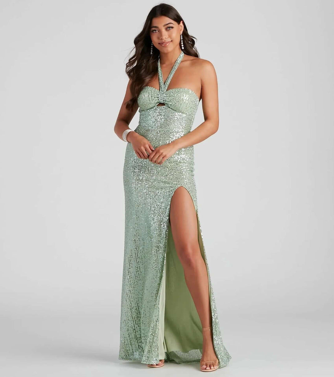 Sequin Halter Neck Evening Gown with Cut-Out & High Slit