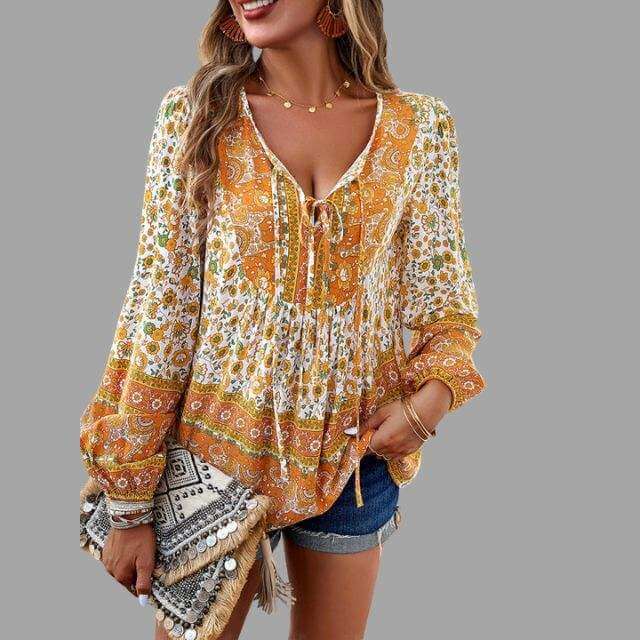 Women's Bohemian Long Sleeve V-Neck Blouse