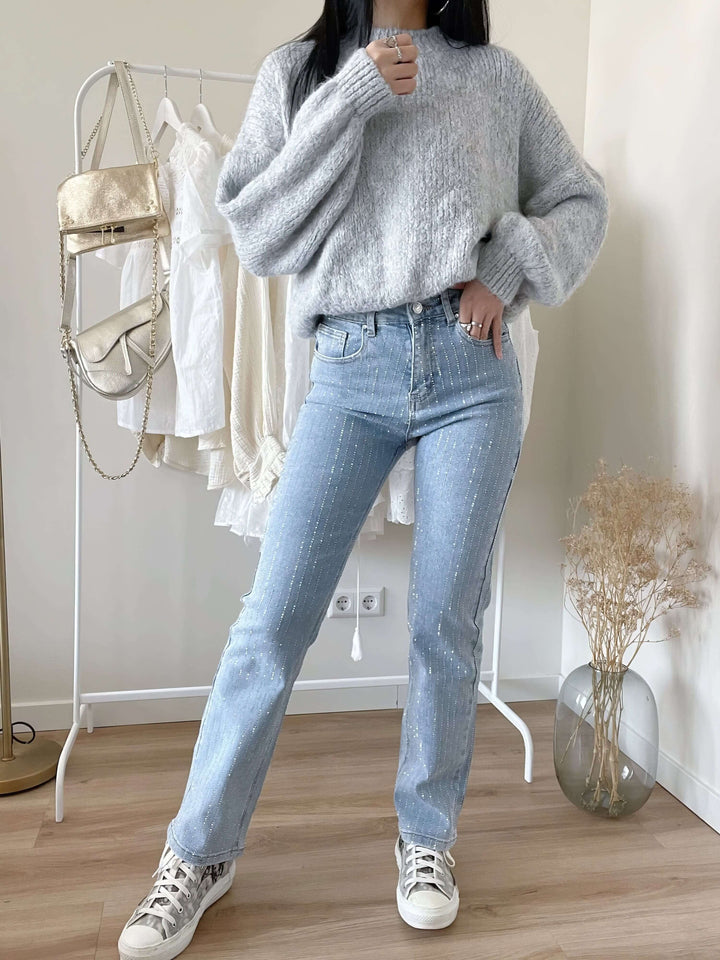 Women's Straight Leg Jeans with Embellished Stripe