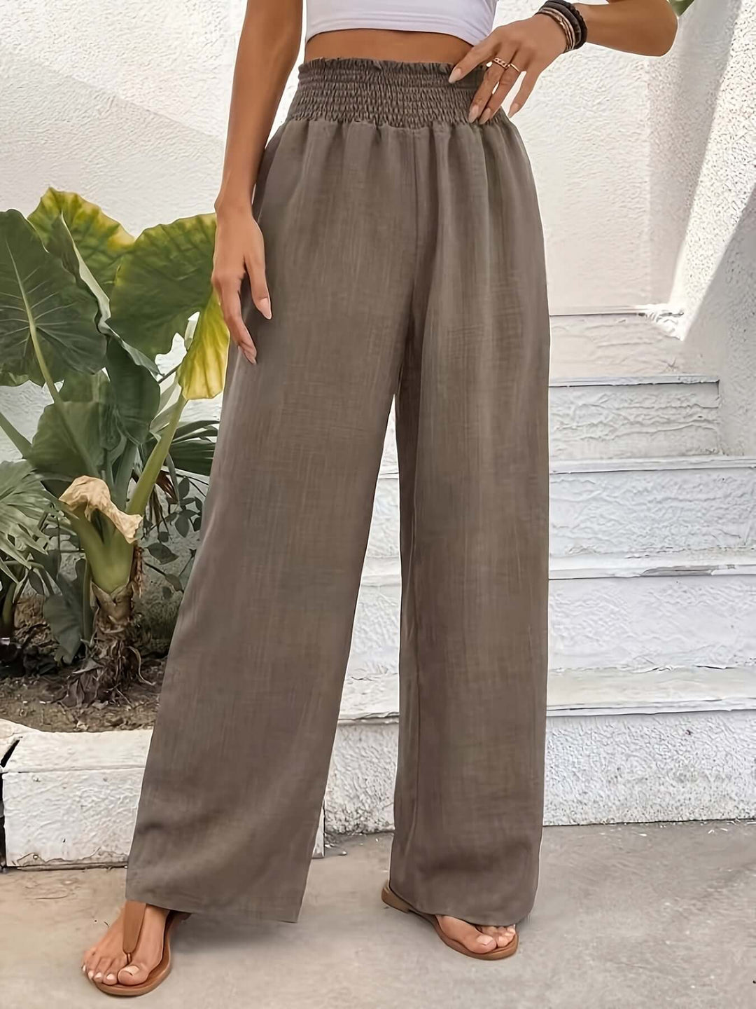 Women's High-Waisted Wide Leg Smocked Pants