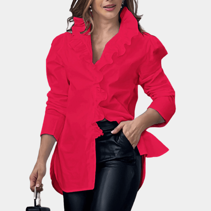 Women's Tailored Blouse: Ruffled Neckline & 3/4 Sleeves