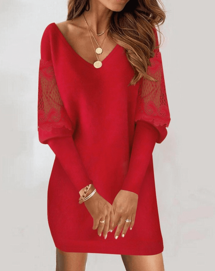 Elegant V-Neck Floral Dress with Sheer Sleeves