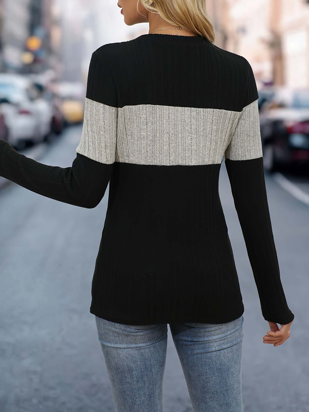 Women's Long Sleeve Ribbed Color-Block Top