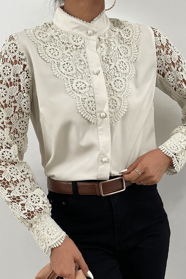 Elegant Lace Cut-Out Mandarin Collar Top